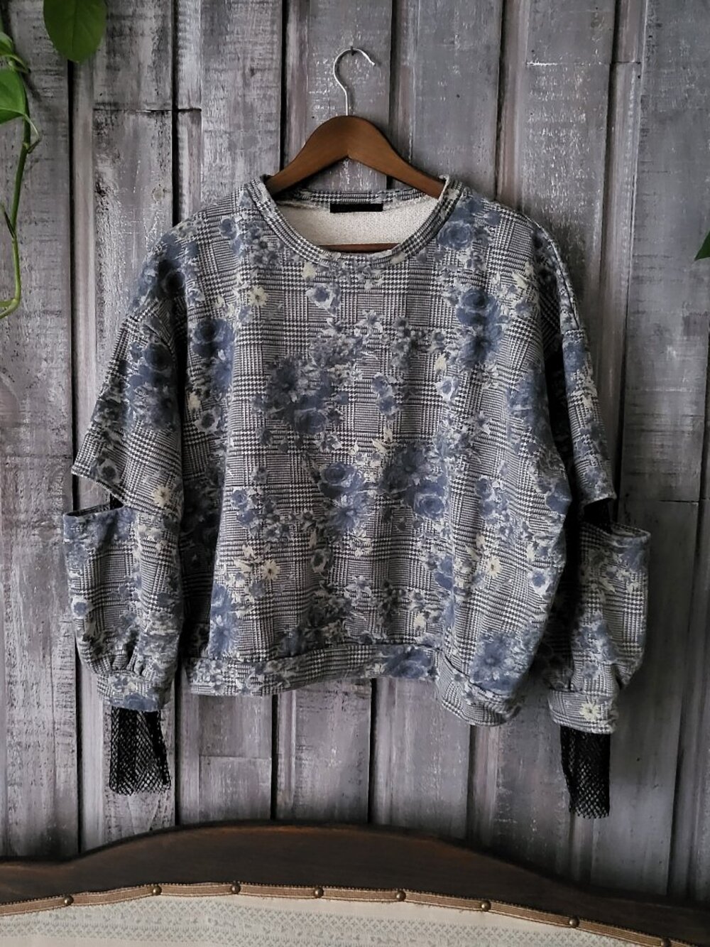 Vintage MI-CO-K Italy Plaid Floral Houndstooth Sweatshirt Fishnet Mesh Sleeves M